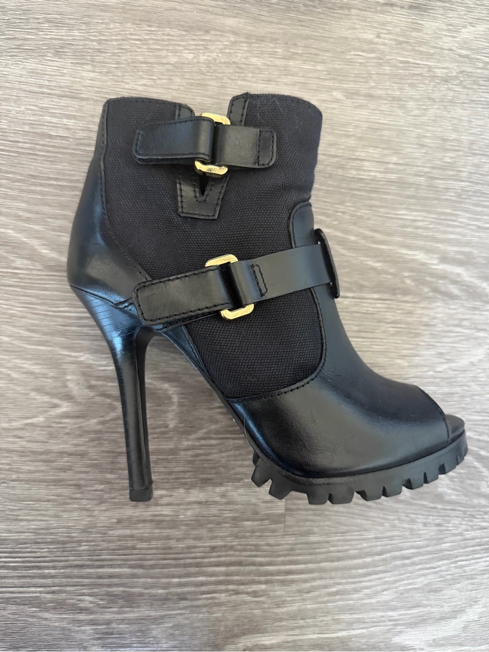 Tory Burch Black Leather & Fabric High-Heel Ankle Boot with Gold Buckles